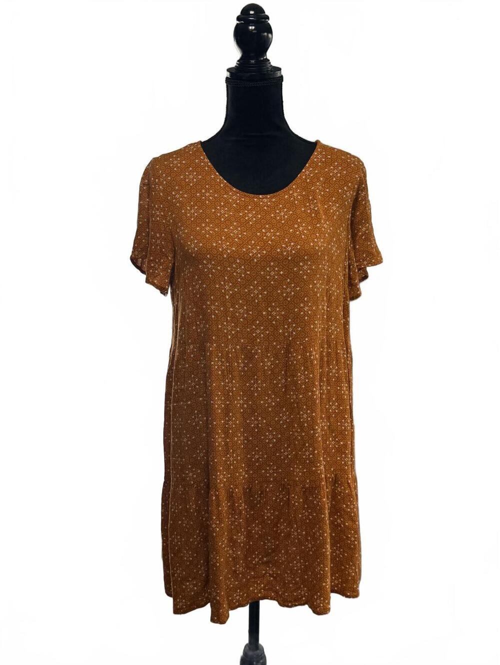 Forever 21 Mustard Yellow Floral Tiered Mini Dress Boho Cottagecore sz Large